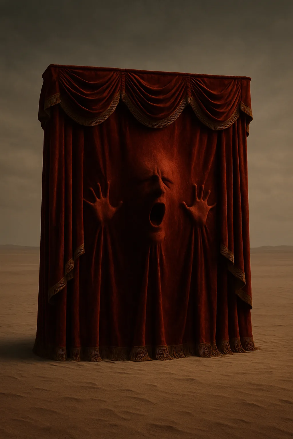 Conceptual surrealism. A heavy, ornate theatre curtain made of luxurious, suffocating red velvet, hanging in the …