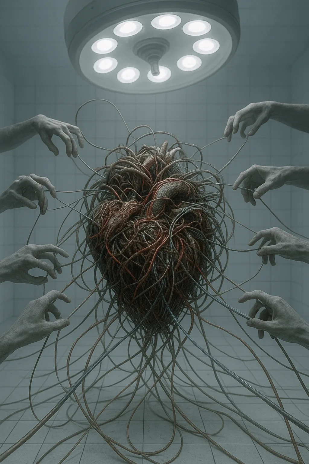 In an infinite, sterile, white-tiled chamber under the merciless, shadowless glare of a single, colossal examination …