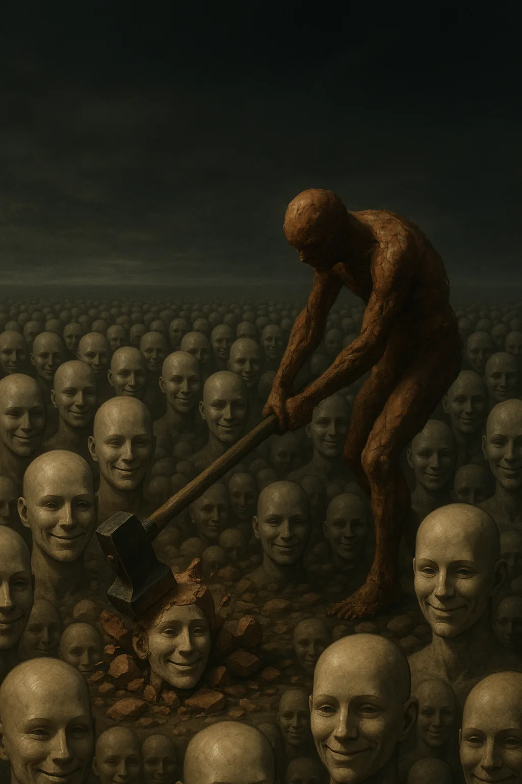 Dark surrealism. A desolate, endless landscape composed entirely of millions of discarded, identical mannequin heads, stretching …