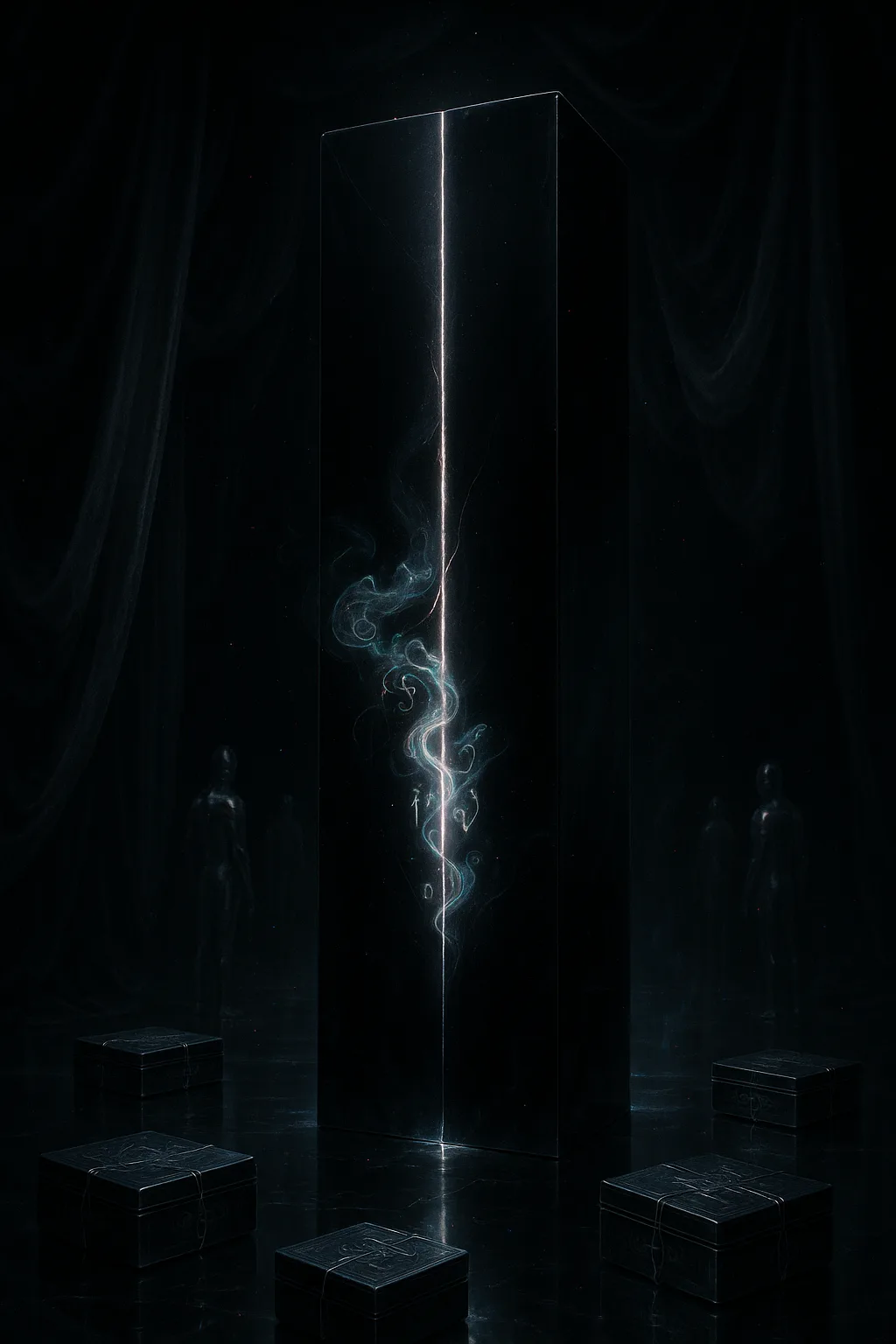 Ultra-high-res surreal concept art: deep inside a cavernous void of matte black velvet, a towering obsidian …