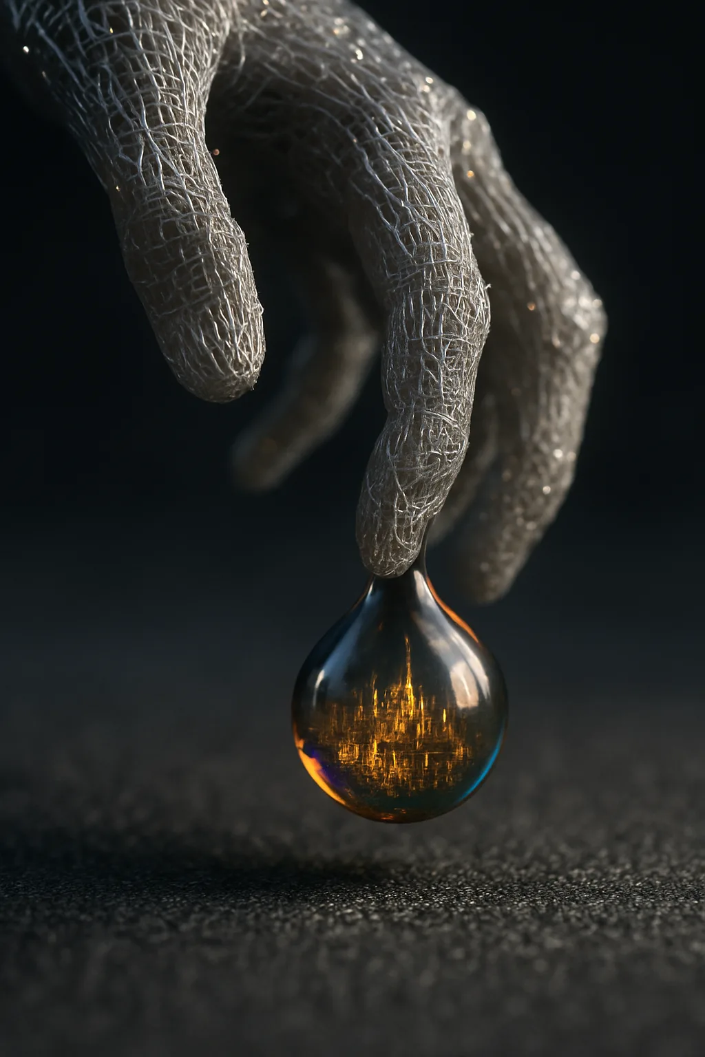 Macro conceptual photography. A delicate, trembling hand made entirely of woven fiber-optic glass strands, holding a …