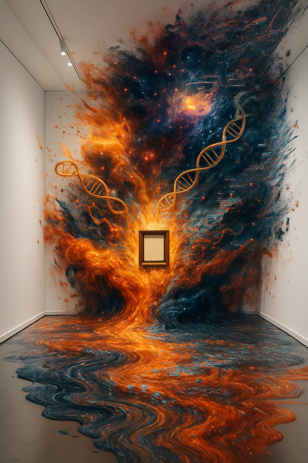 Surreal catastrophe art. A pristine, sterile white museum gallery with perfect lighting. In the center, a …