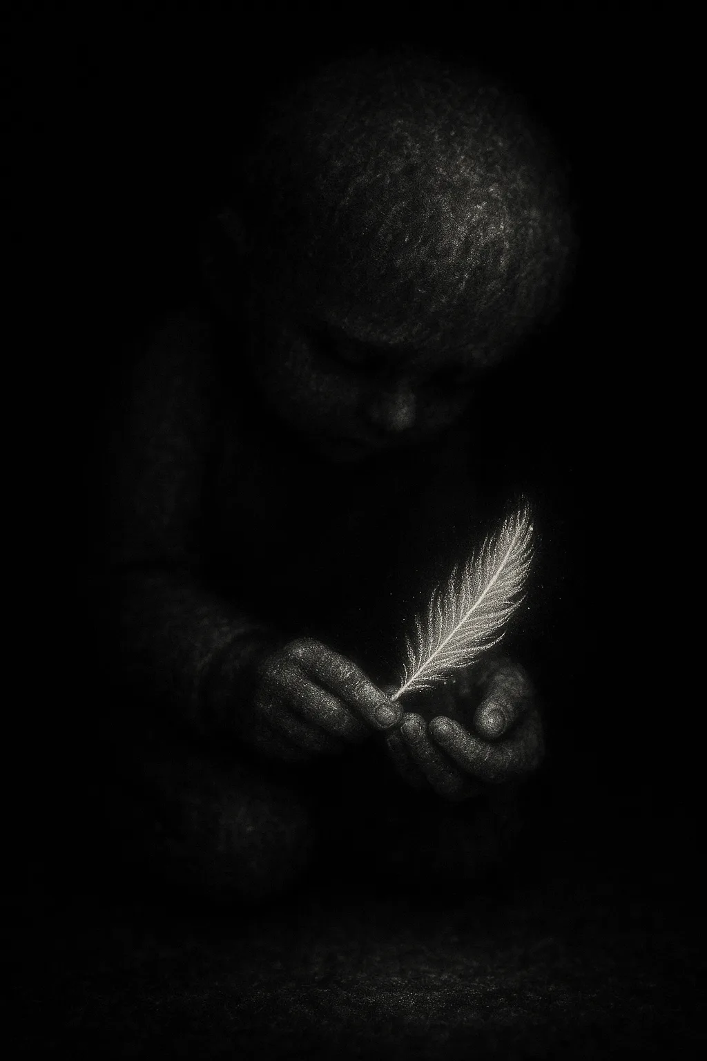 In the center of a dark, featureless, and infinite space, a small, imperfect, child-like figure made …