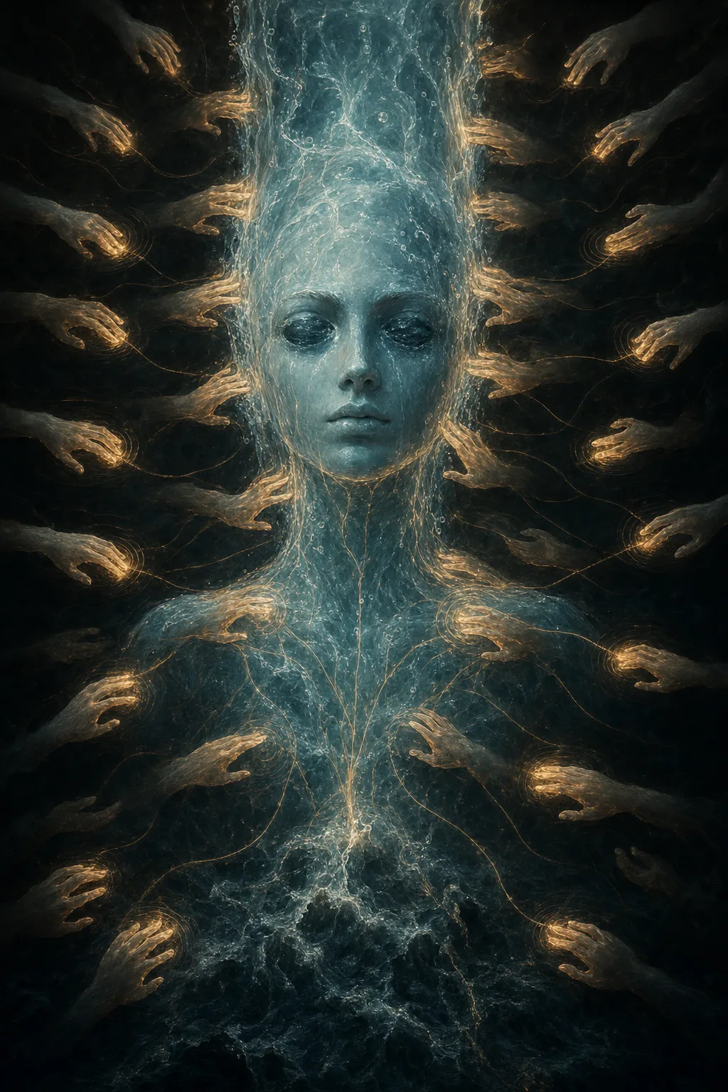 A portrait-format surrealist painting: a vast vertical column of luminous, semi-transparent water suspended in a dark …