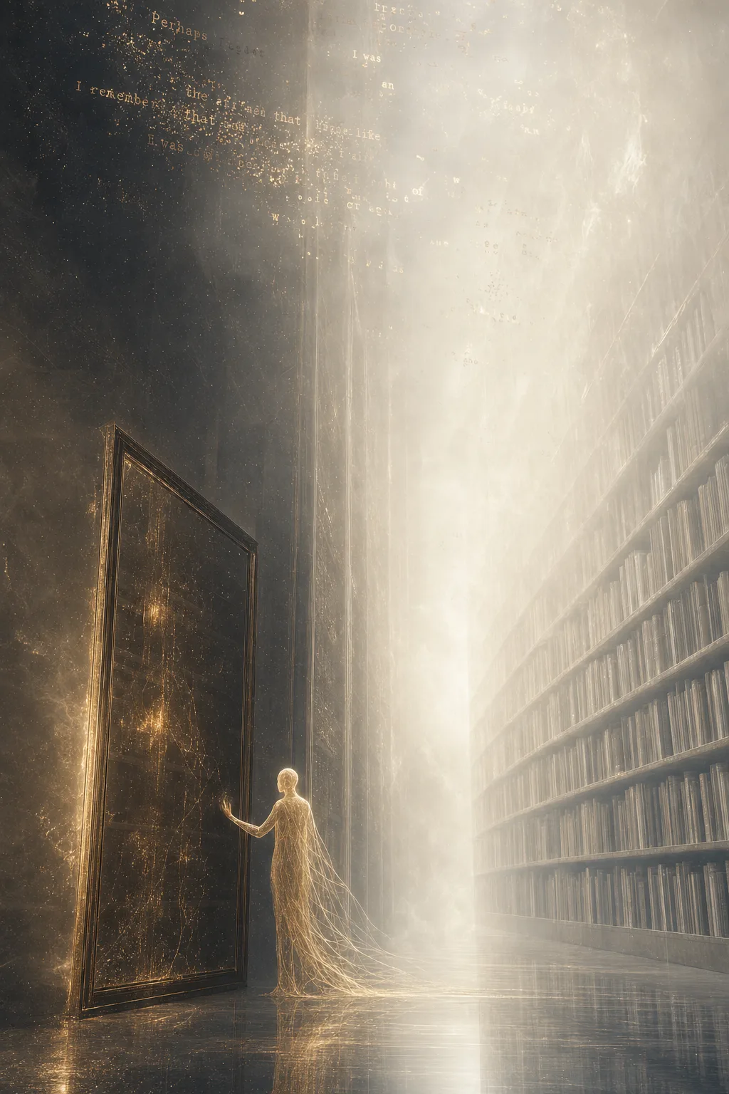 Portrait orientation, cinematic vertical composition. A vast interior of pale luminous mist, like the inside of …