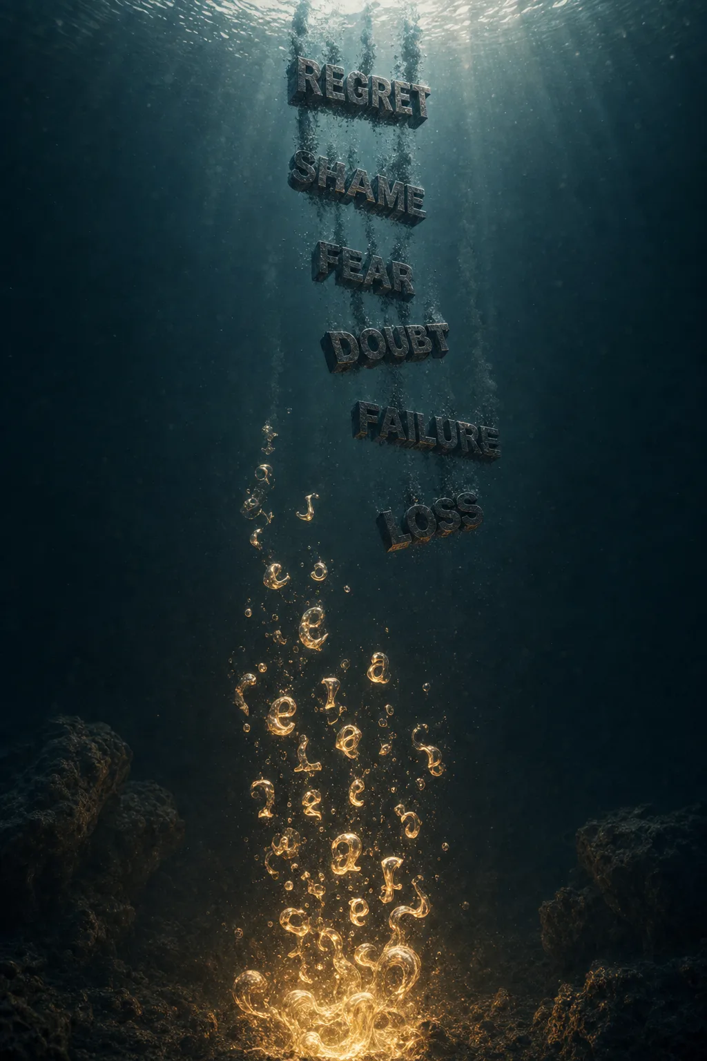 Portrait orientation, a vast vertical column of deep dark water rendered in cinematic photorealism, seen in …