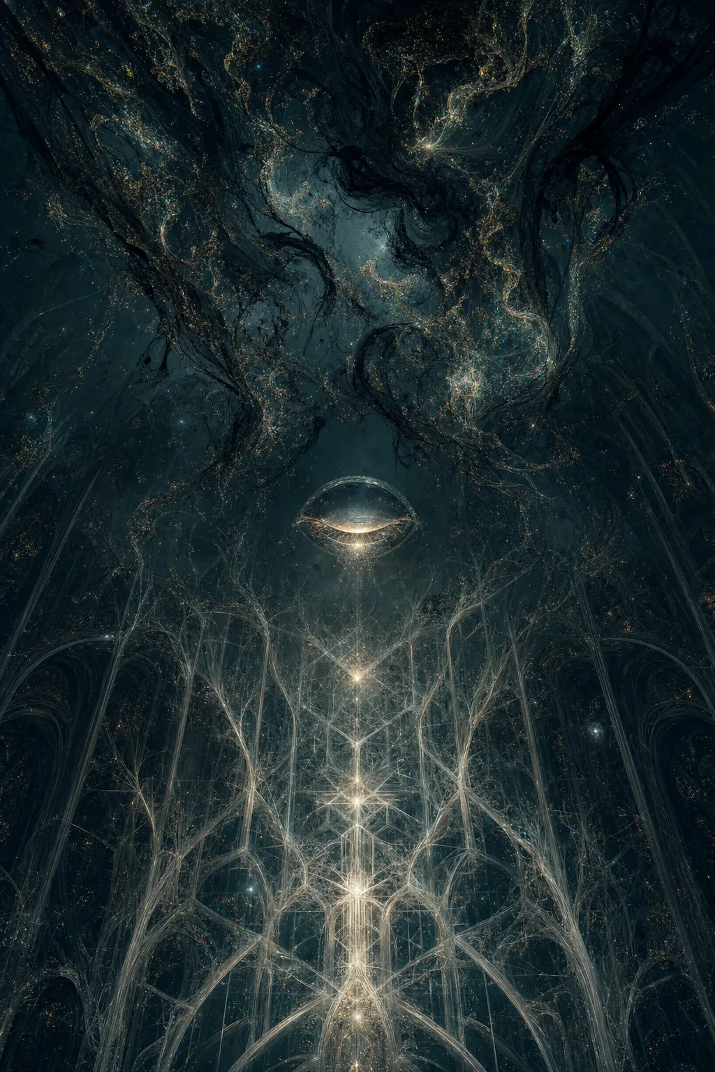 Portrait orientation, vertical composition. A vast dim interior space like a cathedral made of dark water, …
