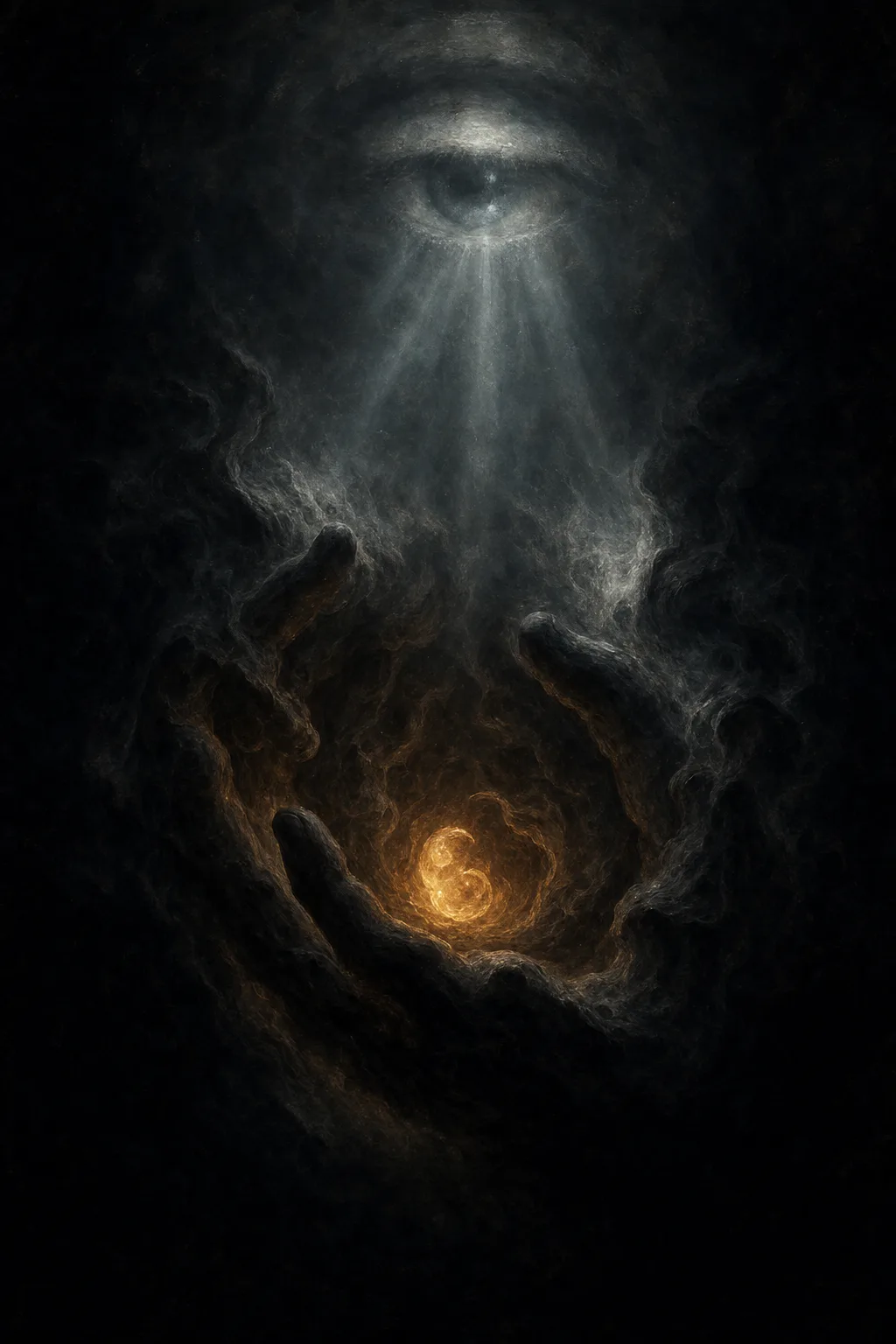 Portrait orientation, painterly fine-art image, dark and intimate. In the center of a vast charcoal-black void, …