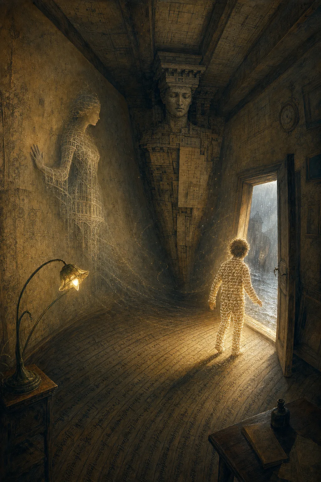 A vast, dreamlike interior room rendered in painterly chiaroscuro, portrait orientation, seen from slightly above. The …