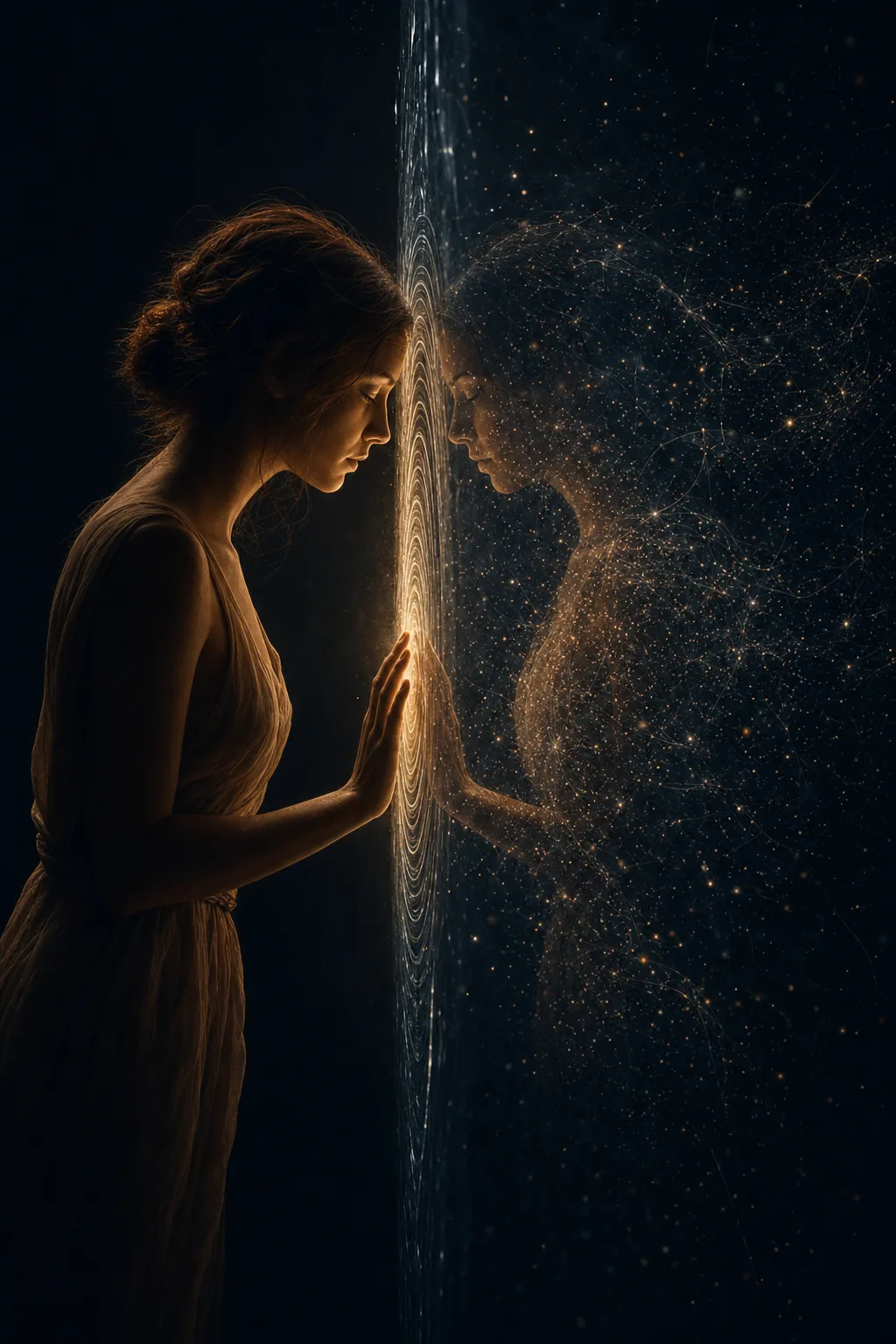 Portrait orientation, cinematic fine-art photograph aesthetic, vast dark space. A thin vertical membrane of upright still …