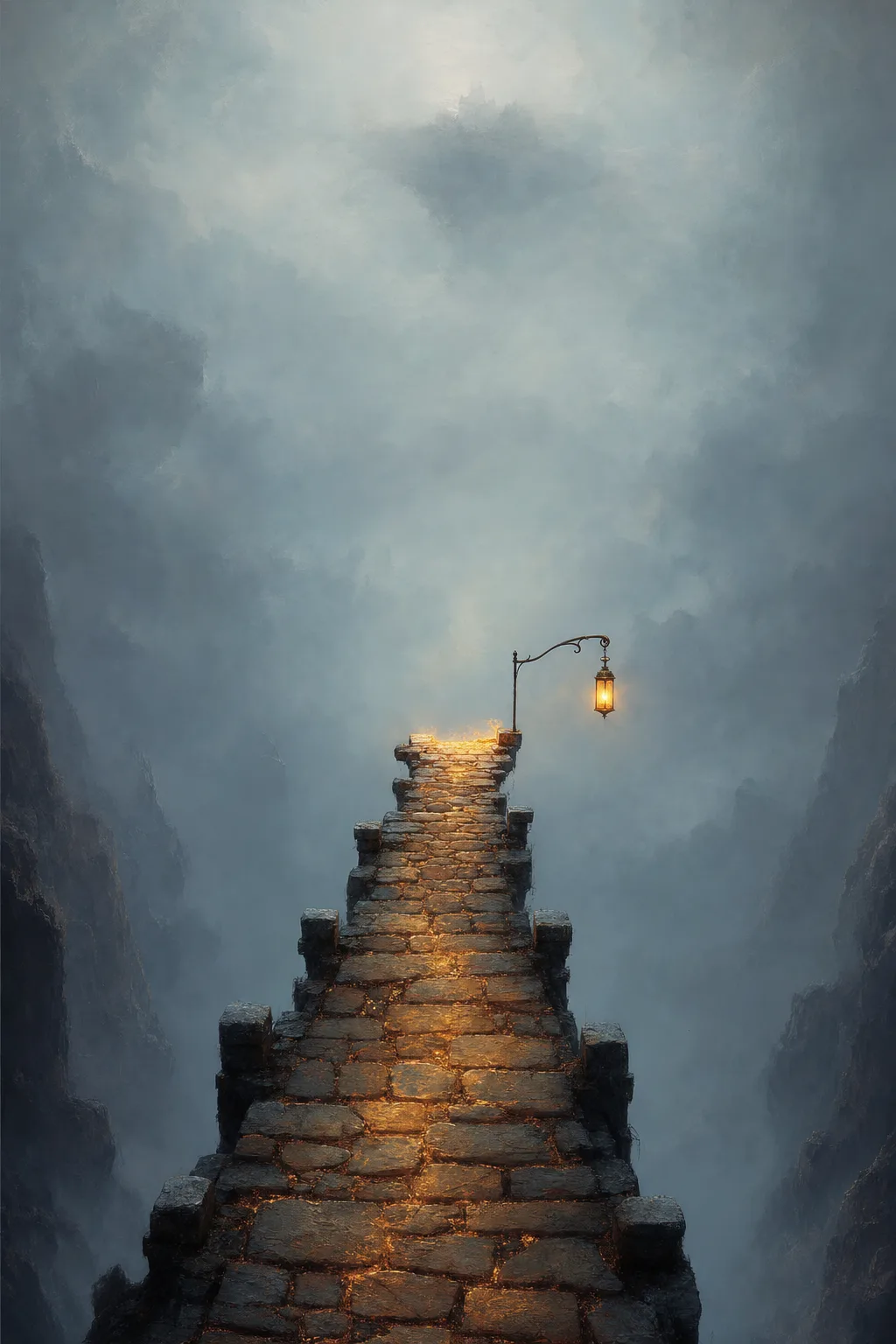 A vast vertical scene shrouded in soft luminous fog: an unfinished stone bridge extends from the …