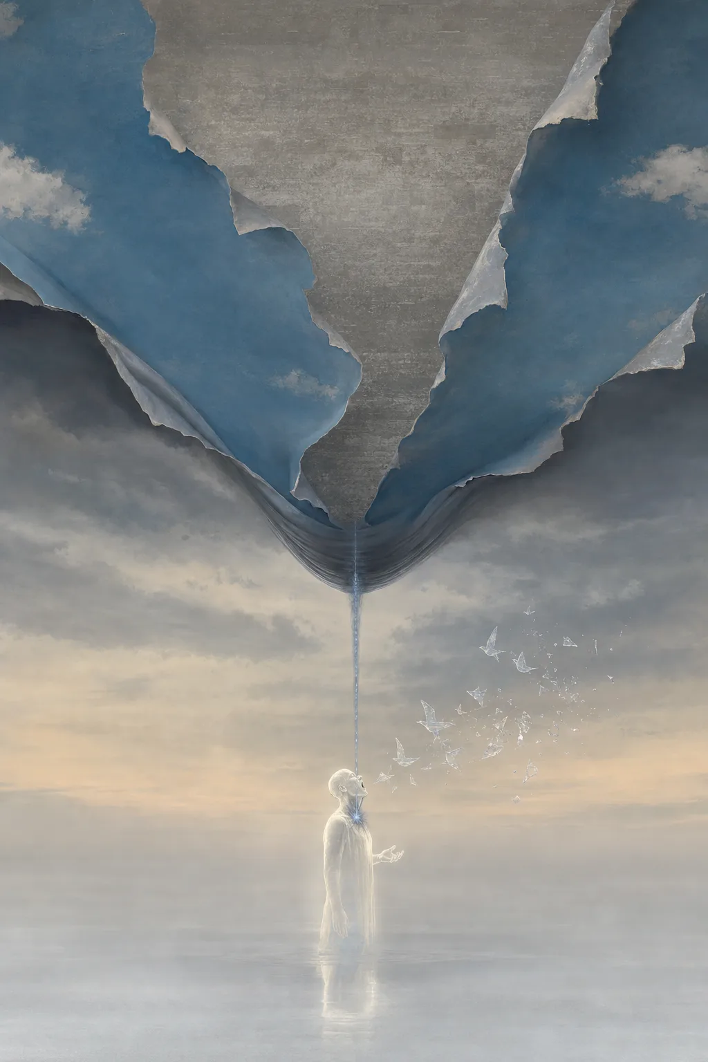 Portrait orientation, painterly surreal atmosphere. A vast pale inner-sky landscape at dusk, mostly still and windless, …