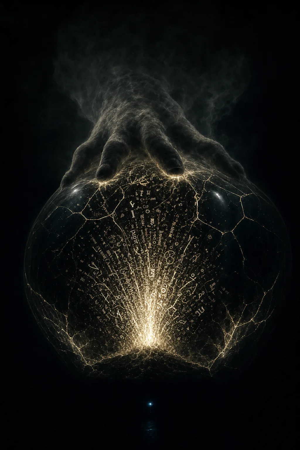 A vertical portrait composition in near-total darkness. At the center, a torrential column of luminous white-gold …