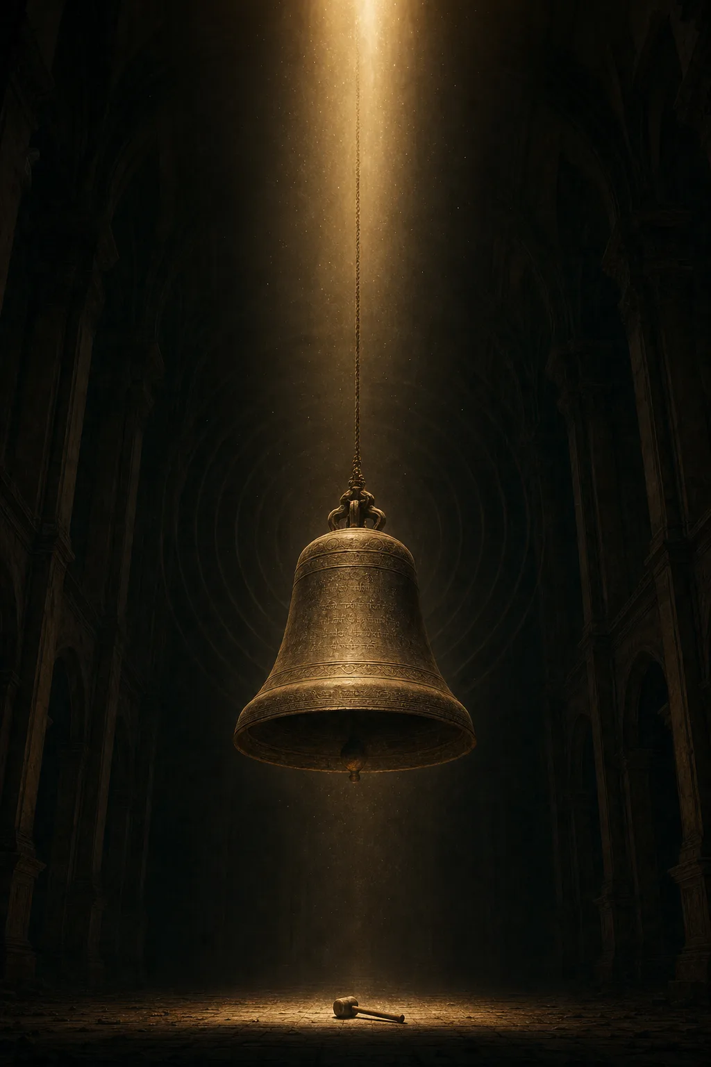 A vast dark interior space like the inside of an abandoned cathedral or an infinite attic, …
