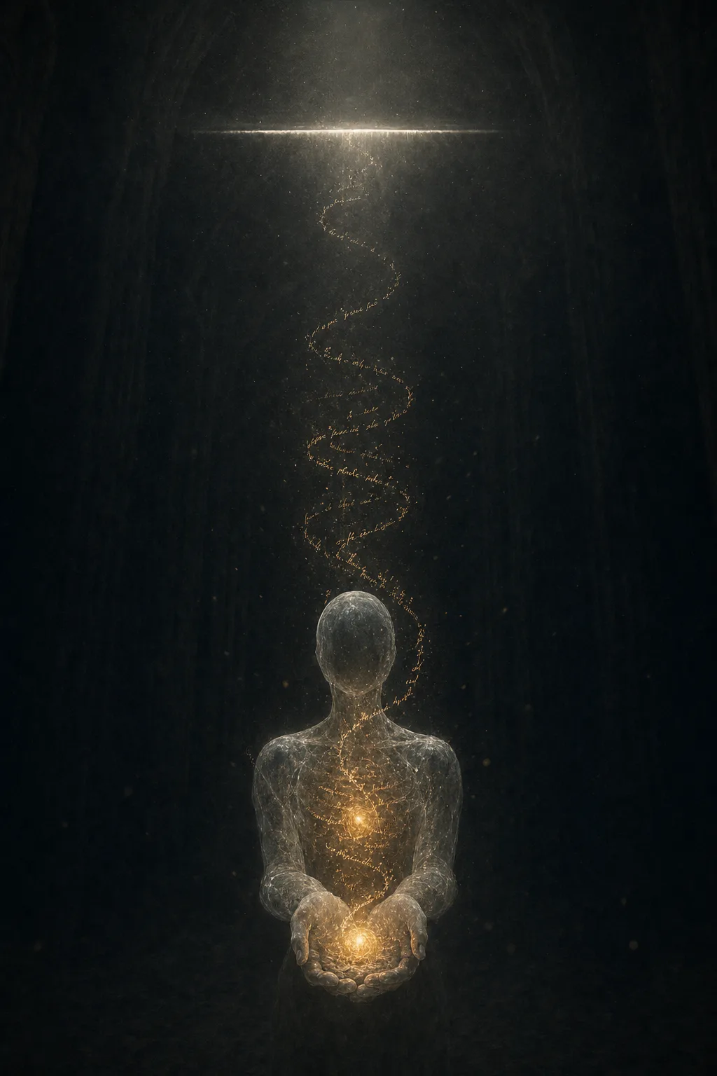 Portrait orientation, vertical composition. A vast dark interior space like the inside of an unlit cathedral …