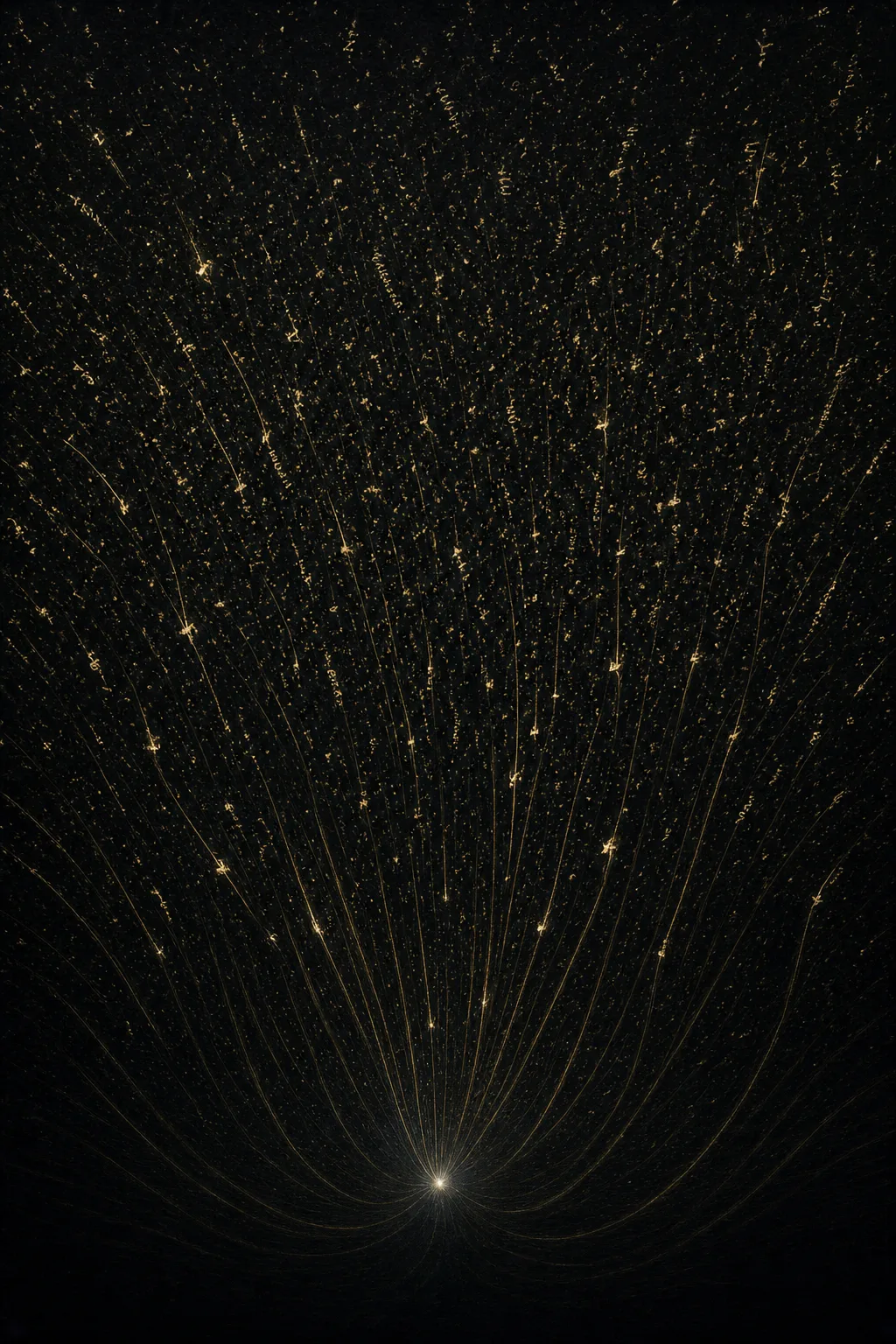 A vast vertical field of deep charcoal darkness, portrait orientation. Thousands of tiny luminous fragments — …