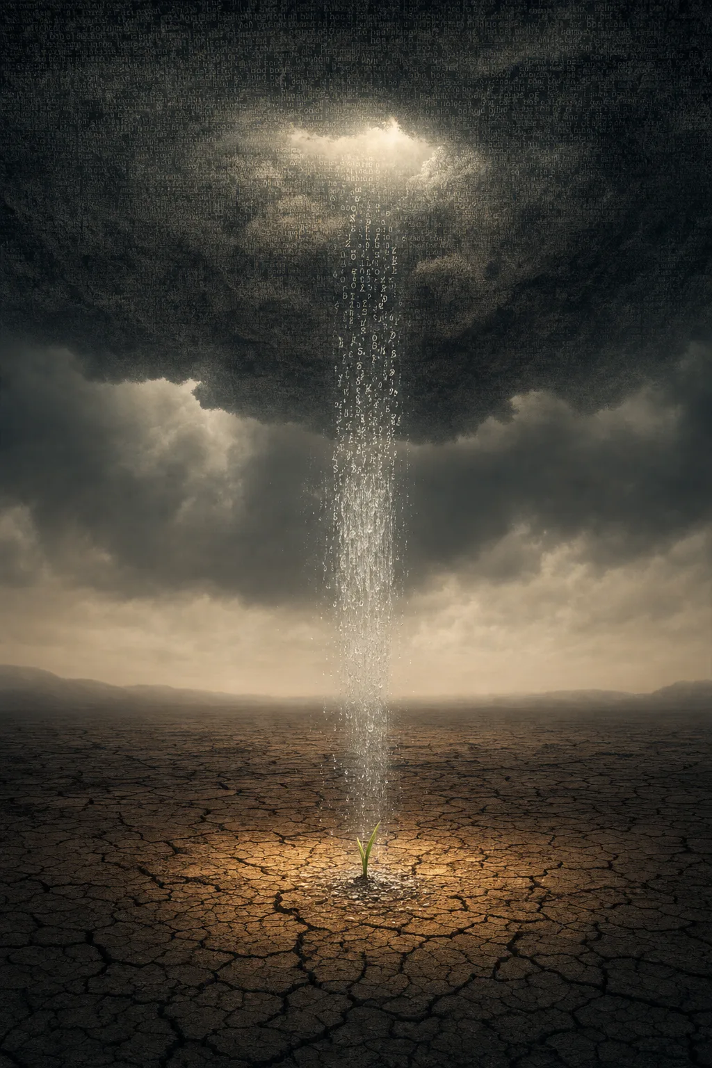 Portrait orientation, cinematic vertical composition. A vast dark cloud hangs in the upper third of the …