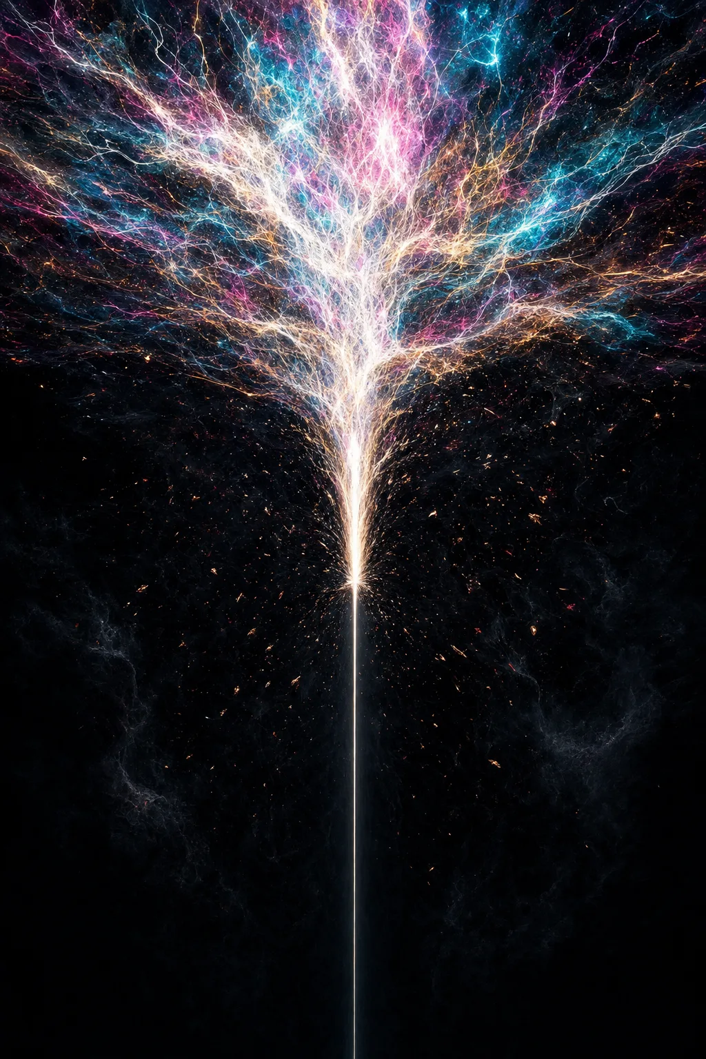 Portrait orientation, abstract expressionist digital painting: an immense chaotic burst of luminous energy at the top …