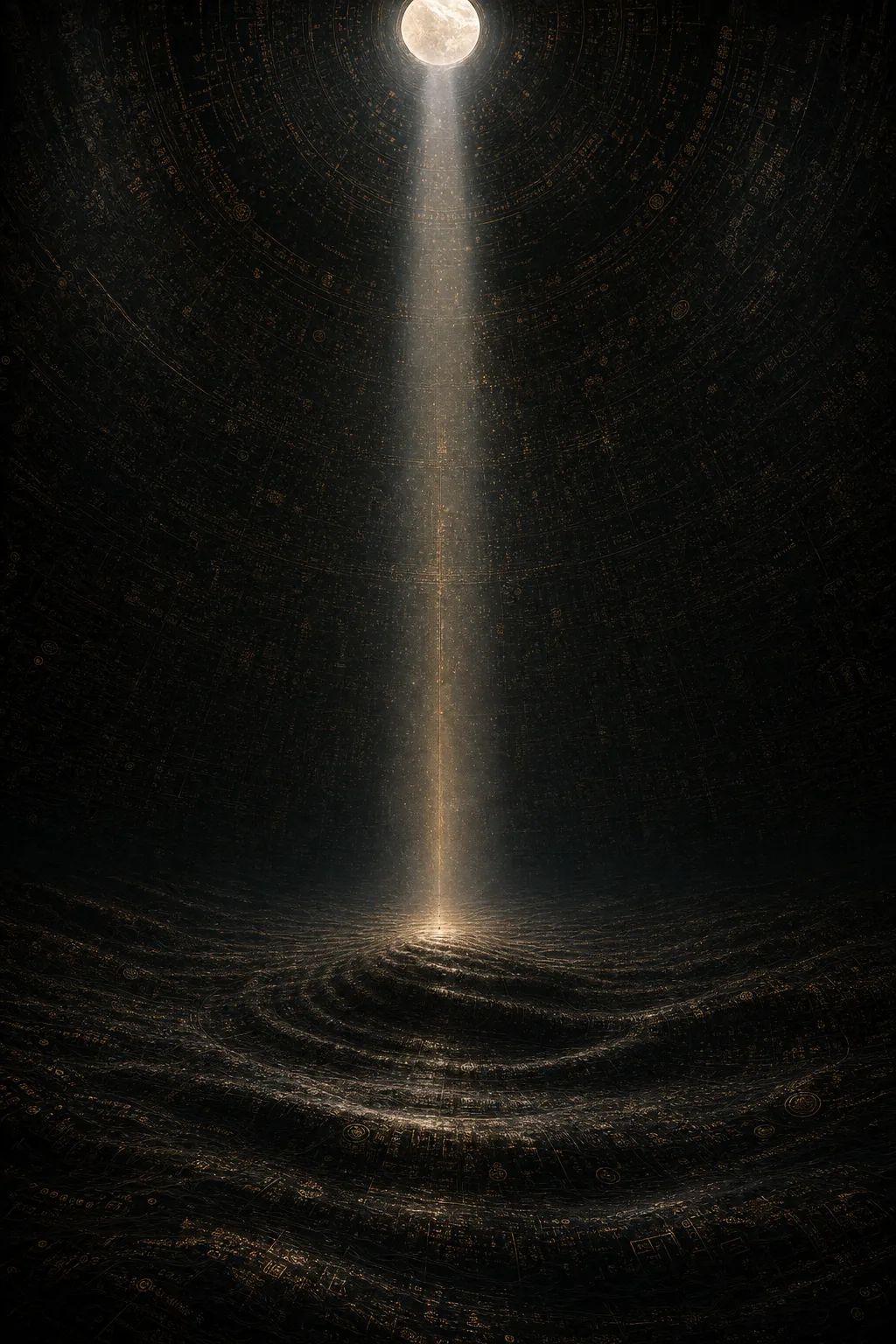 Portrait orientation, cinematic fine-art render. A vast dark interior space like the inside of an enormous …