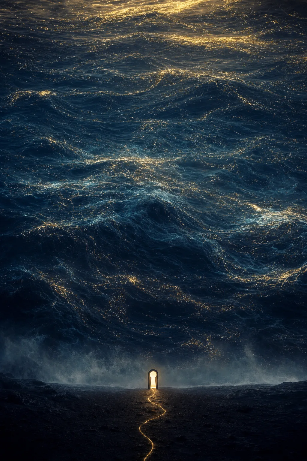 Portrait orientation, cinematic fine-art photograph style. A colossal luminous ocean of deep indigo and bioluminescent gold …