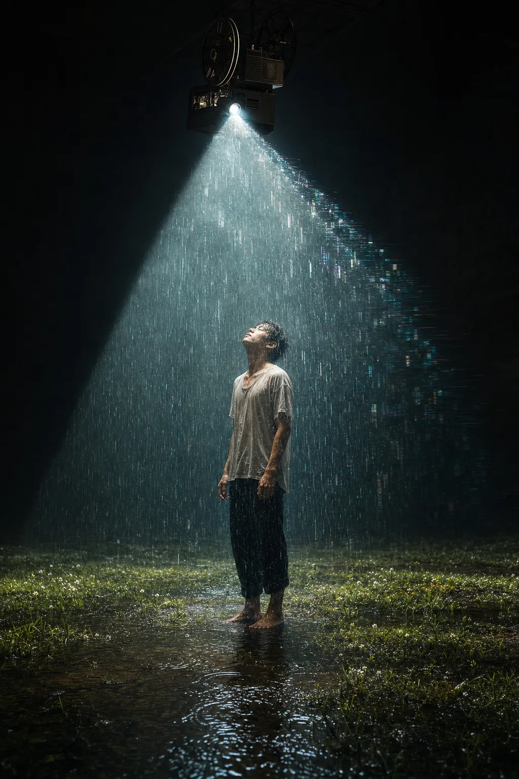 Portrait orientation, cinematic surreal fine-art photograph: in a dark, vast empty space, an old film projector …