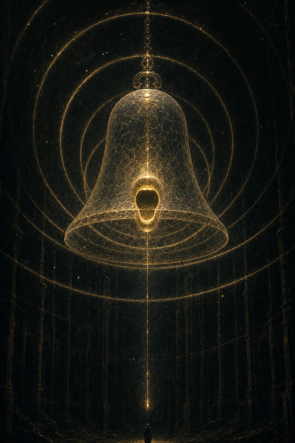 Portrait orientation, vertical composition. A vast, cathedral-dark void stretching upward beyond sight. Suspended in the center …