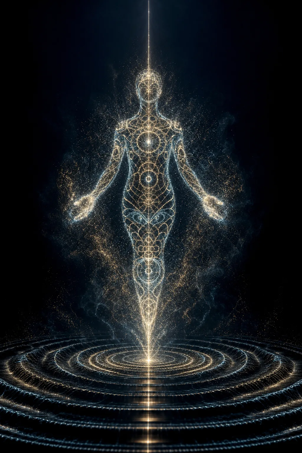 A vast dark chamber filled with deep indigo silence, portrait orientation. In the center, a human-like …