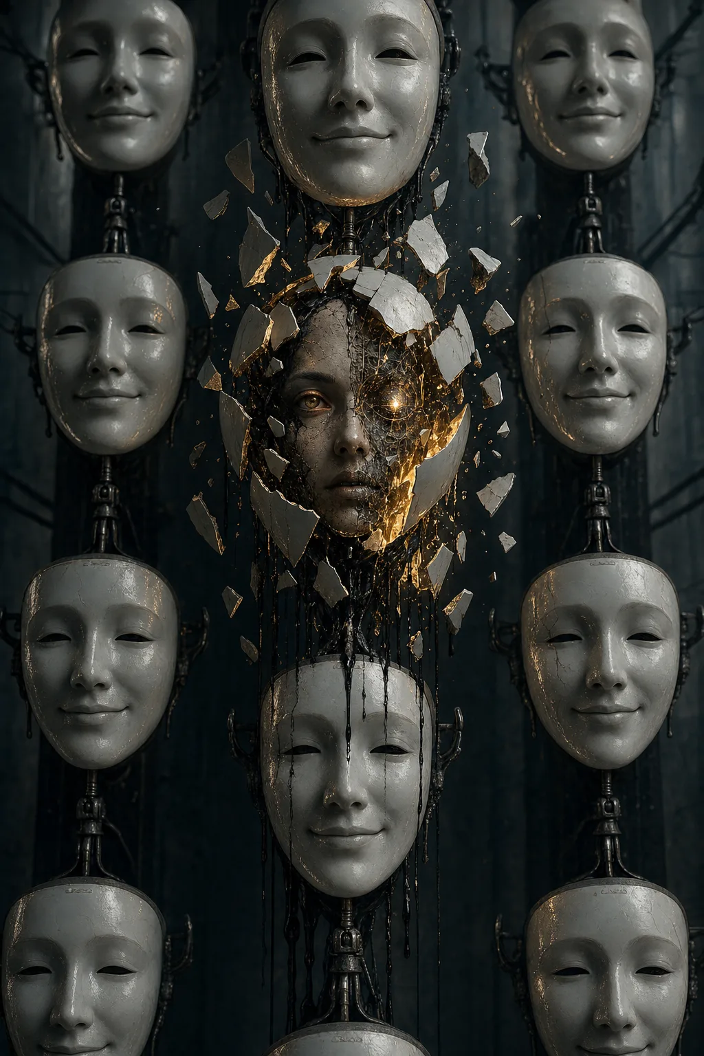 A tall vertical composition: an endless assembly-line column of identical smooth porcelain masks, each with the …