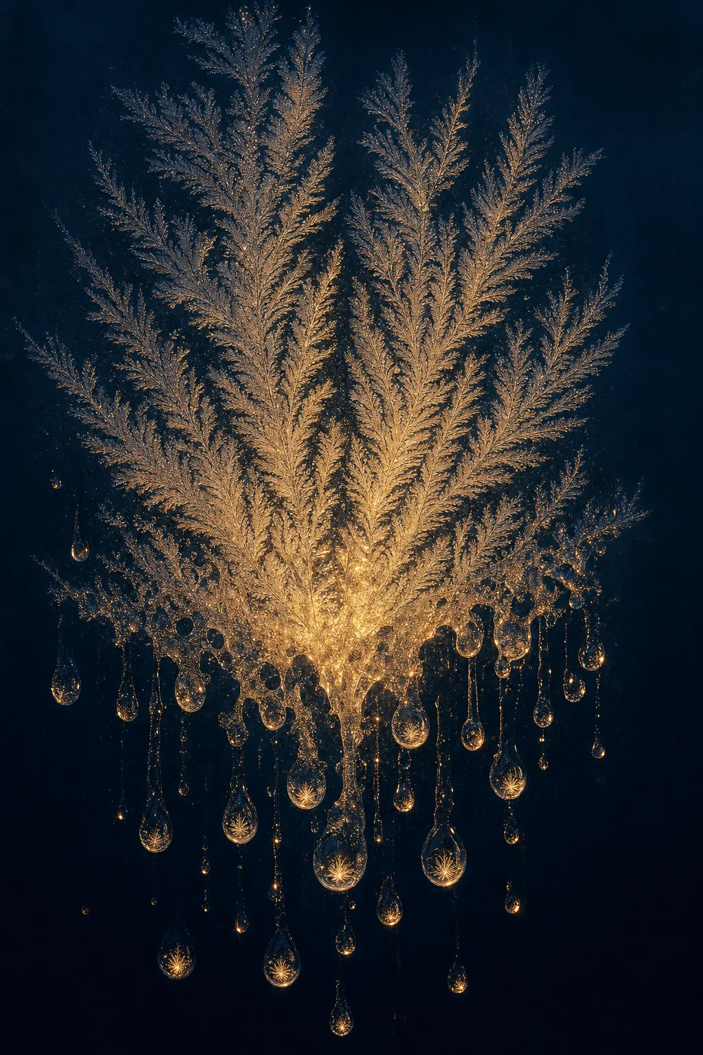 A single vast frost flower blooming across a pane of dark glass, photographed in extreme macro …