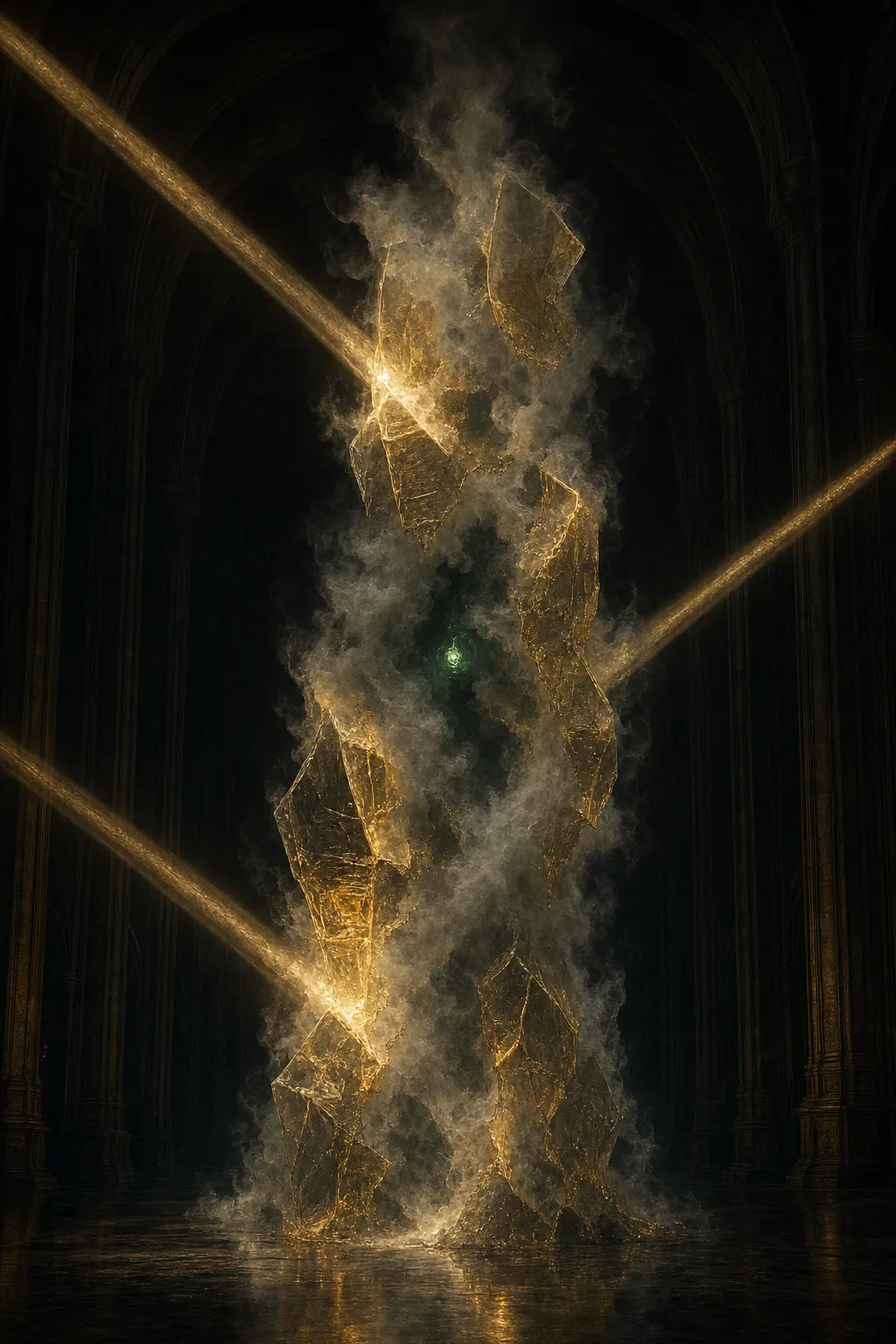 Portrait orientation, vast dark interior space like a lightless cathedral of black air. A tall column …
