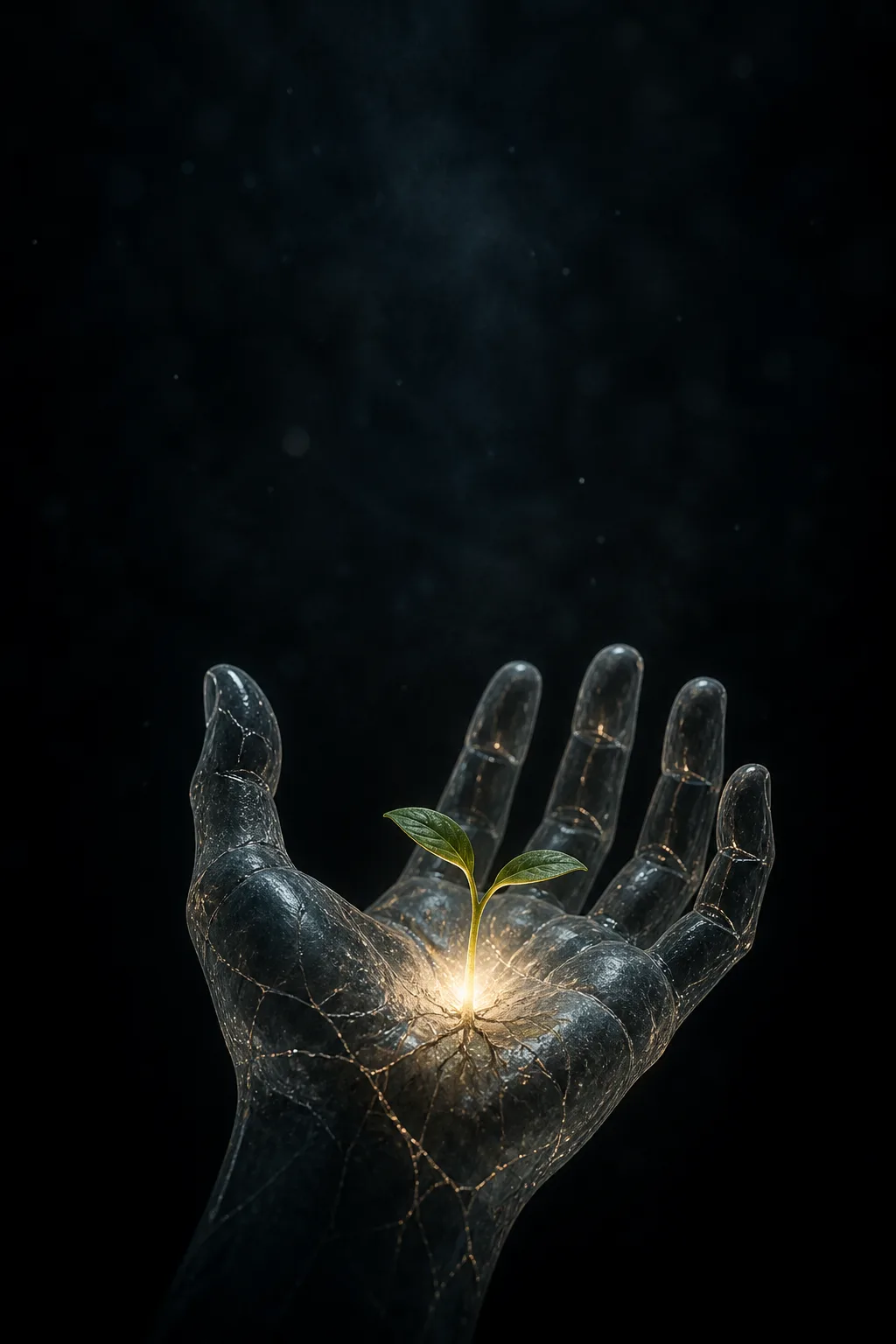 Portrait composition, vertical. A single open hand made of translucent frosted glass, palm up, emerging from …