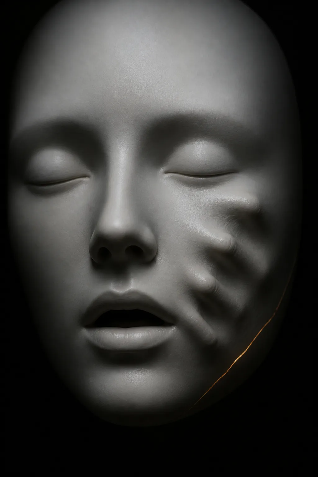 Portrait orientation, cinematic chiaroscuro photograph. A single flawless pale porcelain mask of a serene human face …