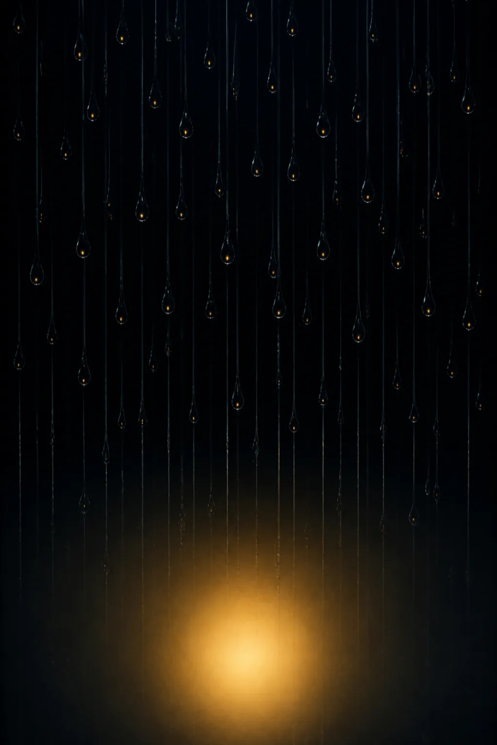 A tall, quiet, vertical composition in near-darkness. Countless slender raindrops fall in perfectly parallel vertical lines …