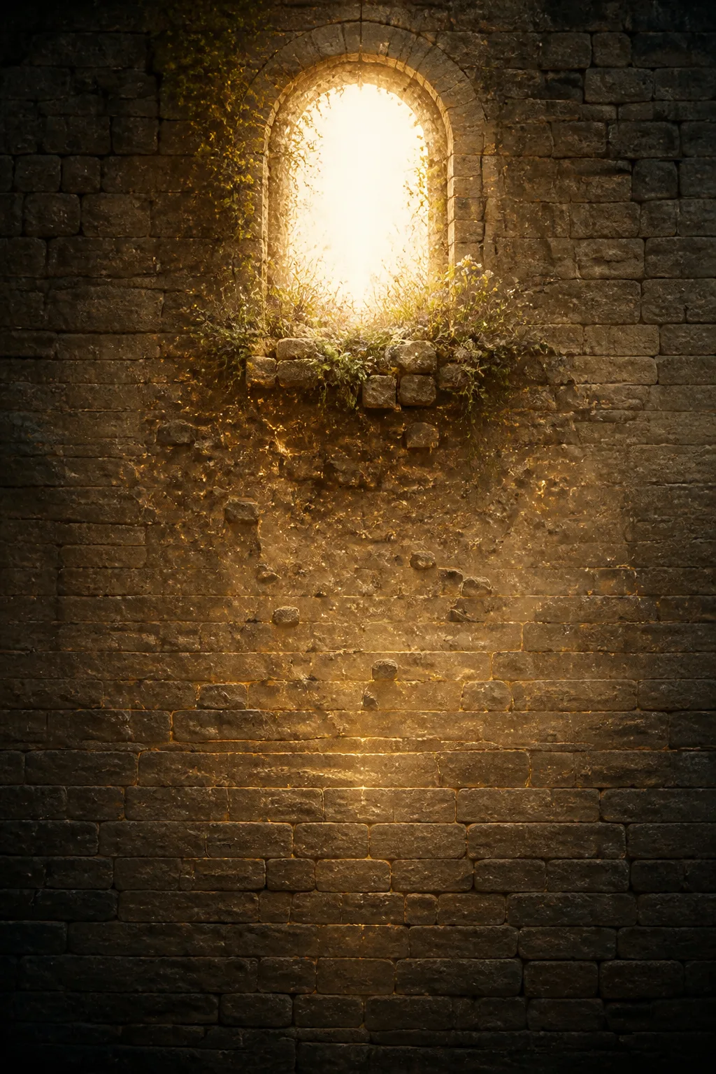 Tall vertical composition, a single ancient sandstone wall filling the frame from bottom to top. In …