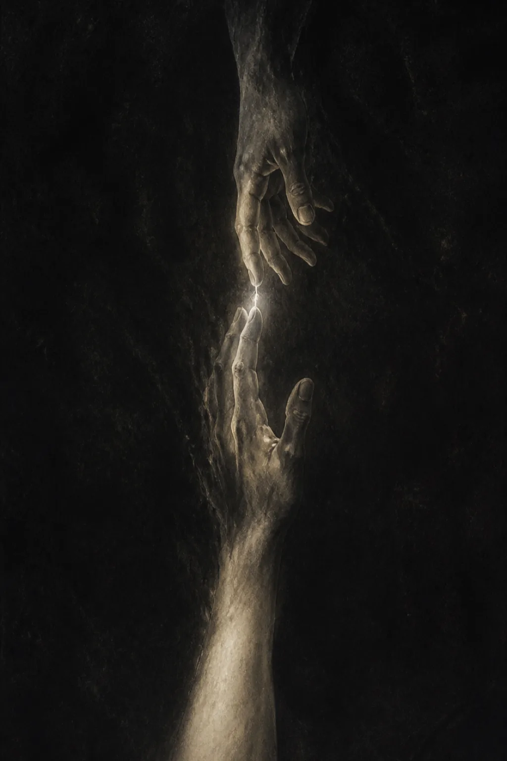 A tall vertical frame filled with deep charcoal darkness that has faint texture, like graphite rubbed …