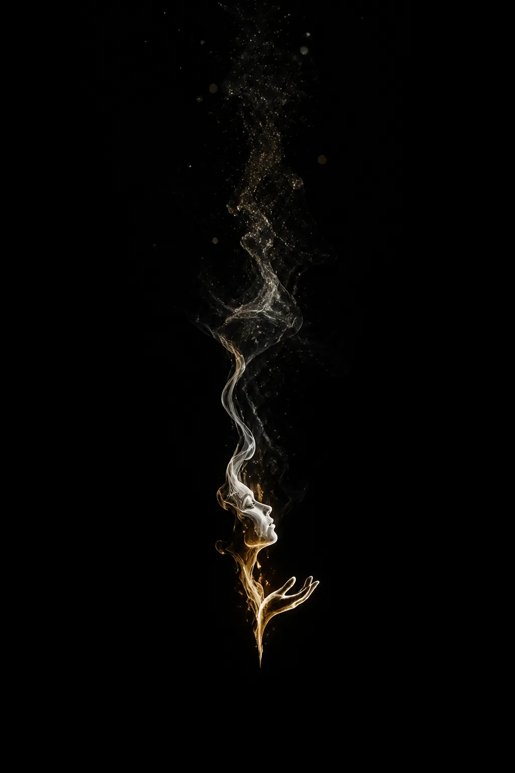 Tall portrait composition, deep black void. A single vertical stroke of luminous ink is being written …