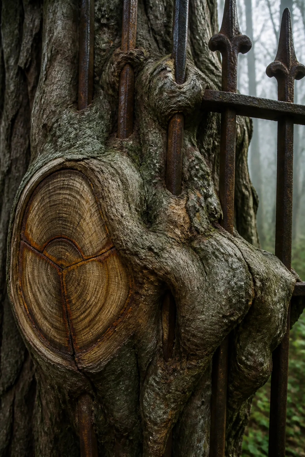 Vertical portrait composition, close and intimate. An old tree trunk fills the frame, its living wood …