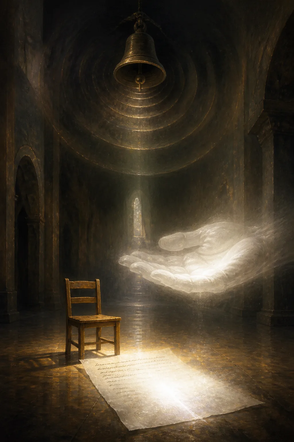 A tall, quiet, painterly image in portrait orientation. A vast dim interior like a hushed hall …