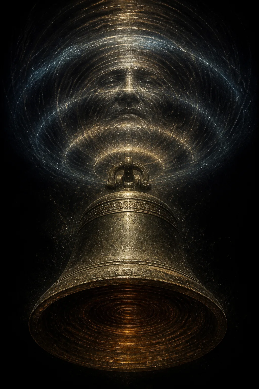 A single enormous bronze bell hanging alone in a vast dark void, portrait composition, the bell …