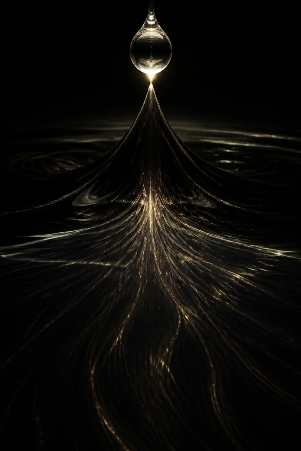 A tall vertical frame, almost entirely dark. Near the top, a single drop of water hangs …