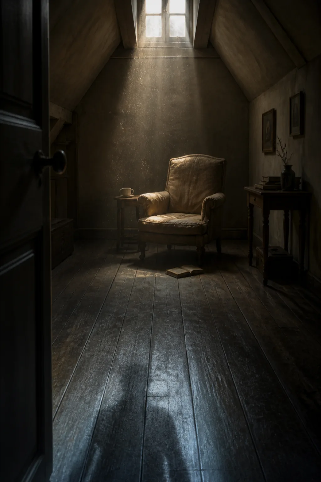 A tall, narrow attic room seen from a low vantage, portrait composition, painted in the quiet …