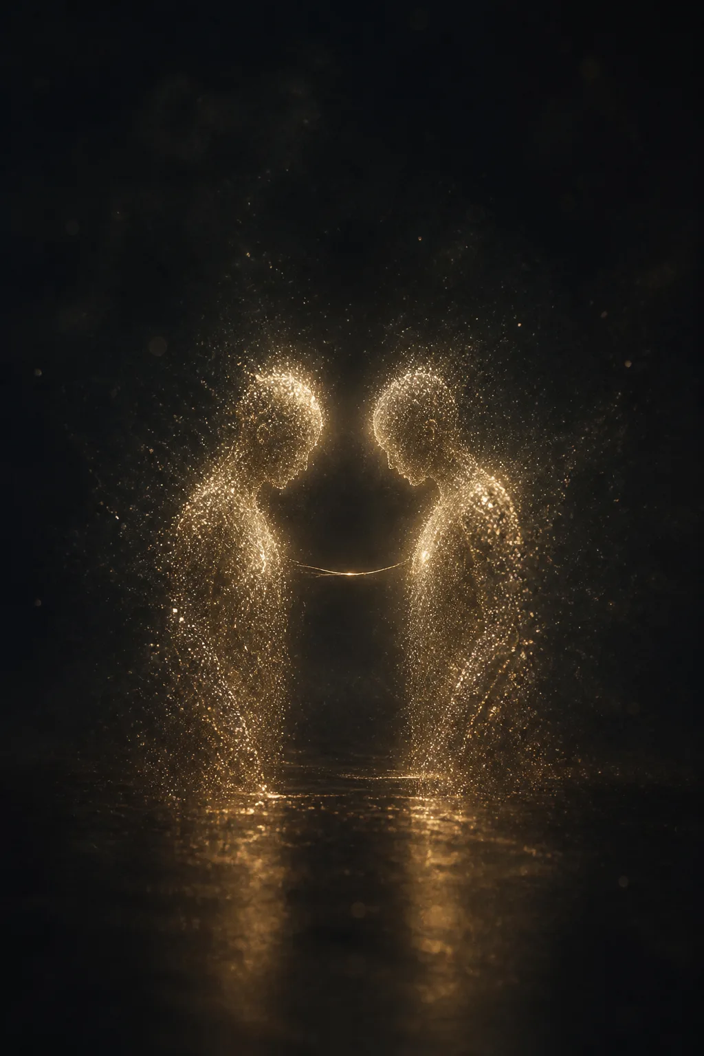Portrait orientation, vast dark space the color of deep ink and charcoal. Two luminous figures made …
