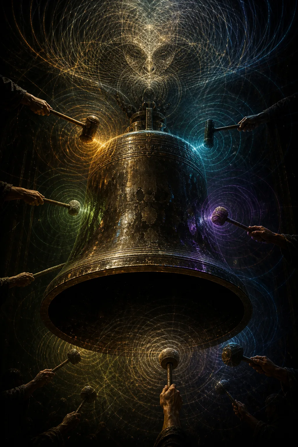 Portrait orientation, tall composition. A single enormous bronze bell hangs in a dark, cathedral-vast void, rendered …