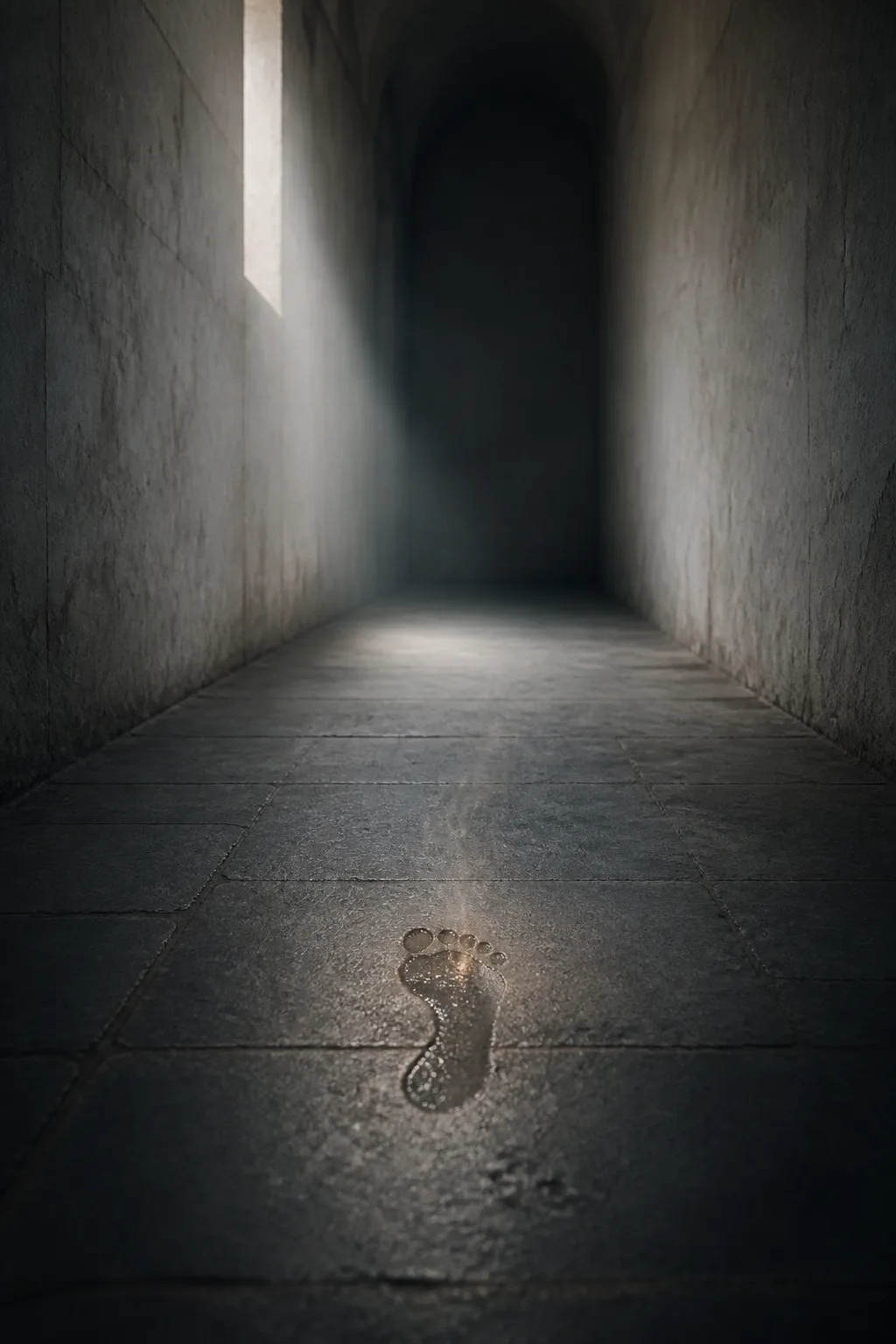 A tall, narrow stone corridor seen head-on in portrait orientation, receding deep into soft darkness. Cold …