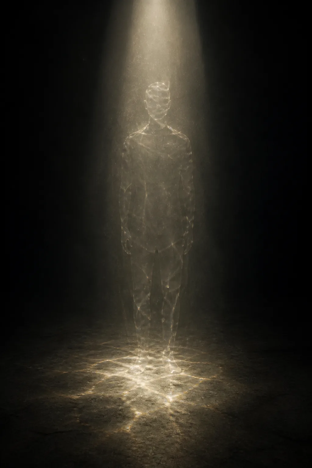 A tall, dim room of near-black charcoal air, portrait composition. A single vertical shaft of pale …
