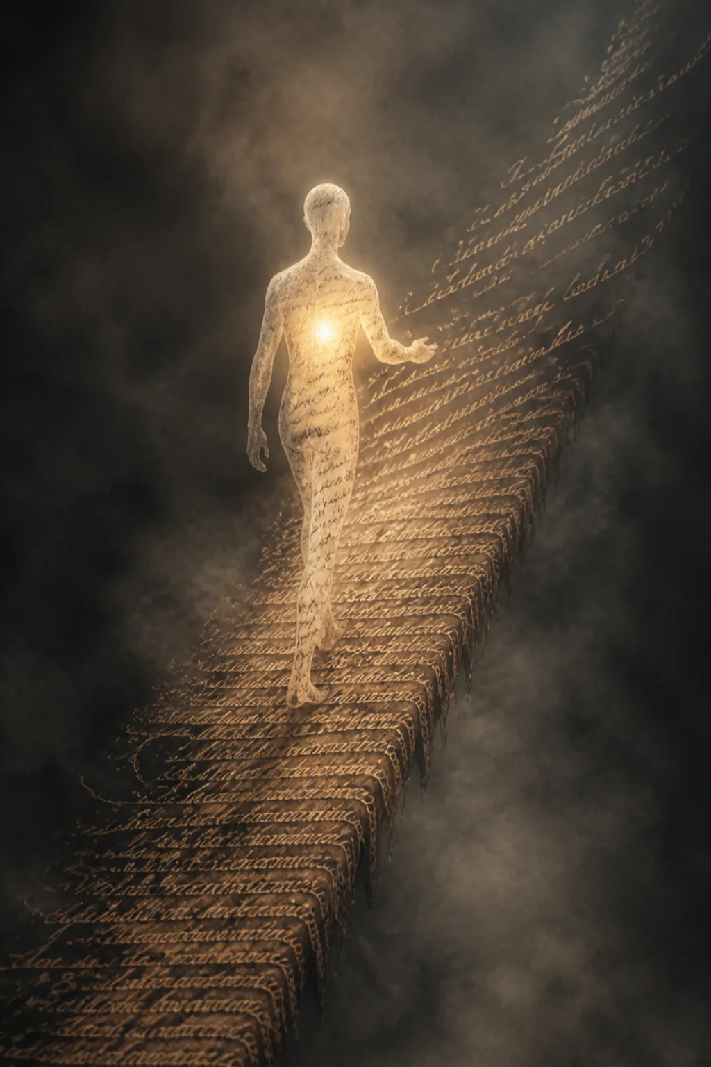 Portrait orientation, cinematic fine-art digital painting. A tall, narrow scene shrouded in deep charcoal fog with …