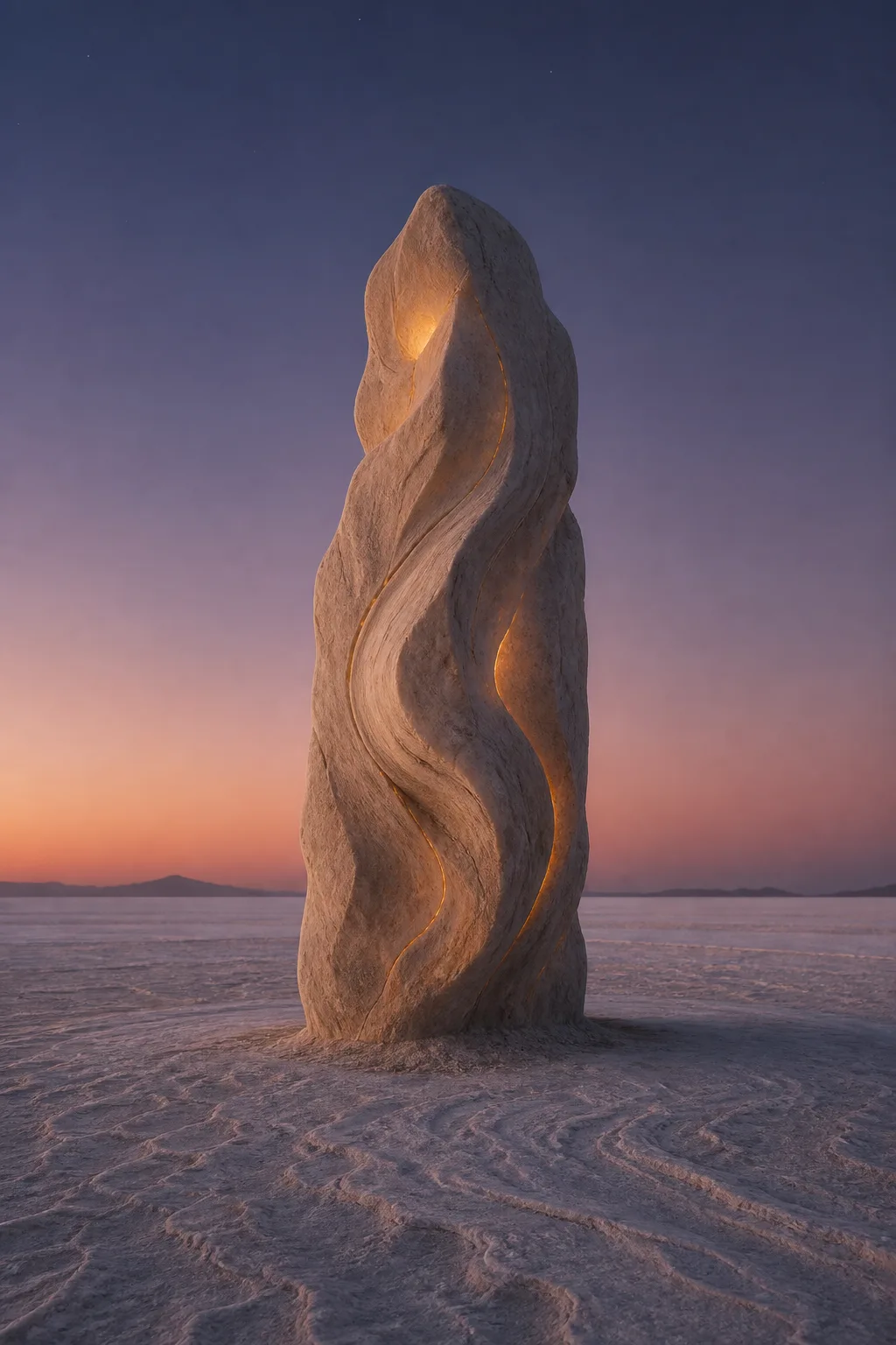 Portrait orientation. A tall, pale sandstone monolith standing alone in a vast quiet salt flat at …