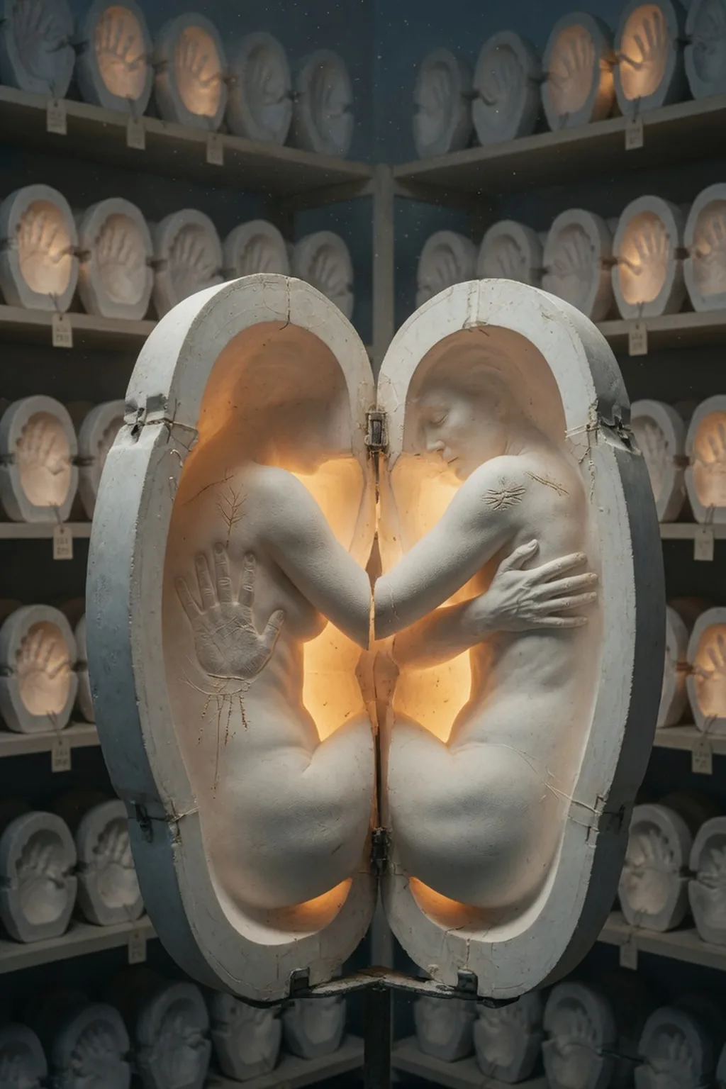 A life-size hollow plaster mold of a human figure curled around empty space where a second …