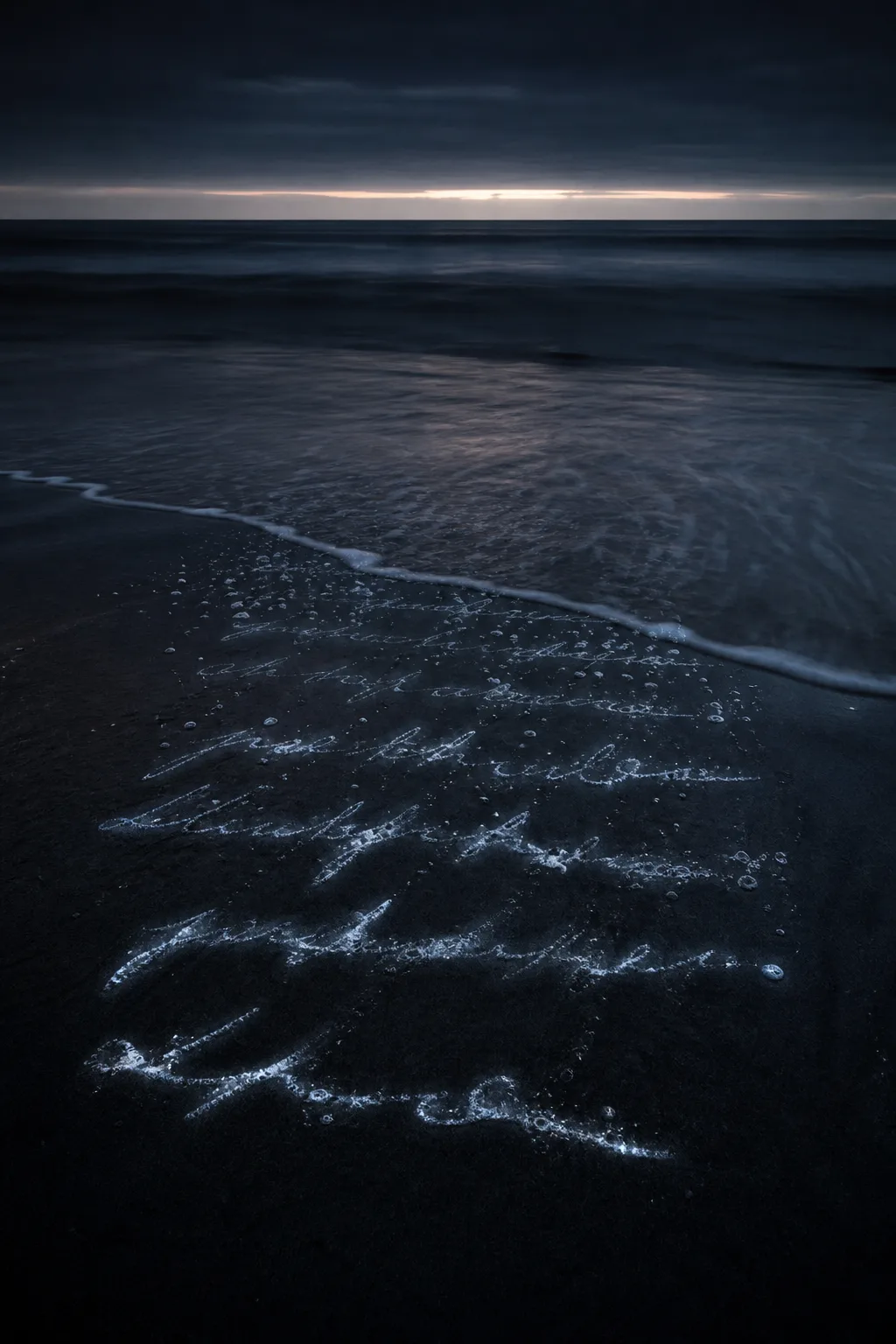 Portrait orientation, cinematic fine-art photograph. A vast, calm, dark sea at the last minute of dusk, …