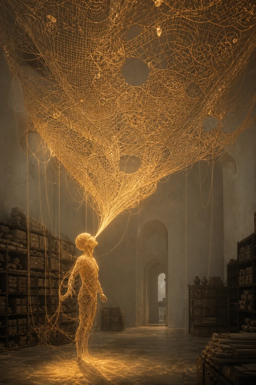 Vertical portrait composition, quiet and cinematic. A tall figure made of thousands of fine threads of …
